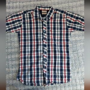 Biba Men's Navy and Red Plaid‎ Shirt Large